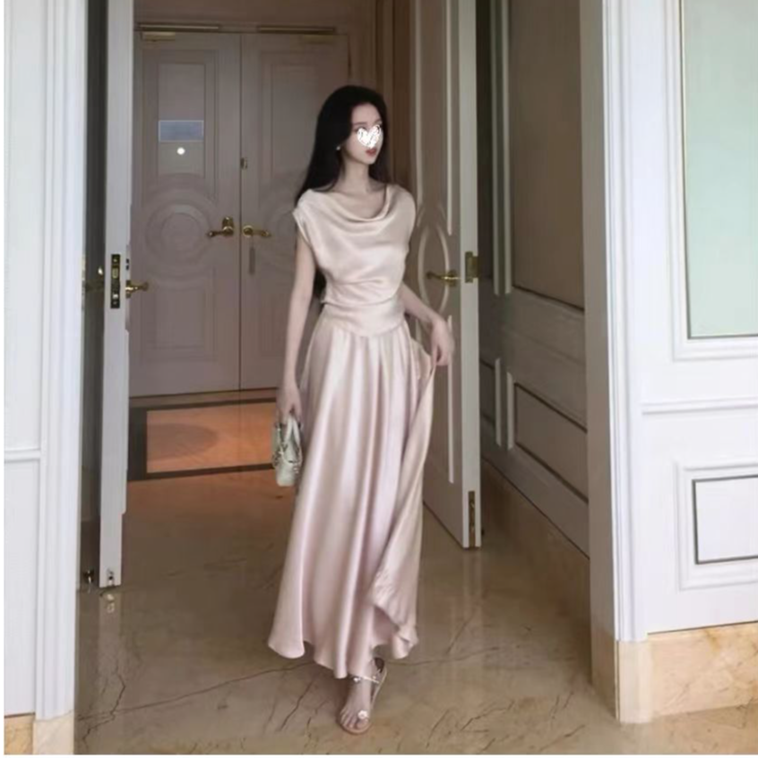 2025夏季搭配两件套气质名媛高级感女装缎面上衣半身裙套装