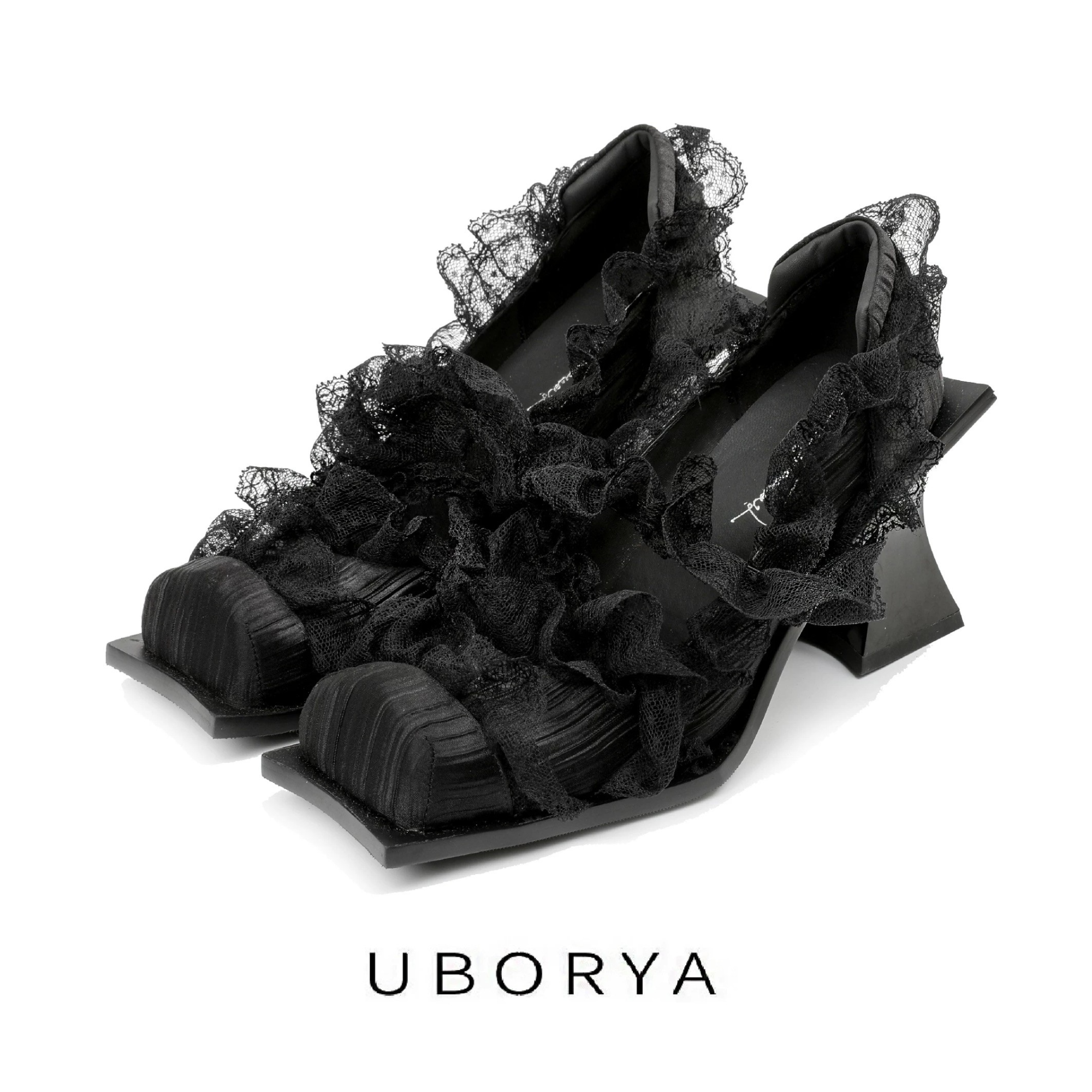 直播专属UBORYA设计师原创/永末日·花黑寡妇蕾丝褶皱方头粗跟