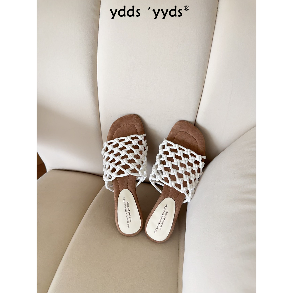 YDD/25夏季新款方格编斜口小众精致简约百搭低跟软底凉拖女外穿