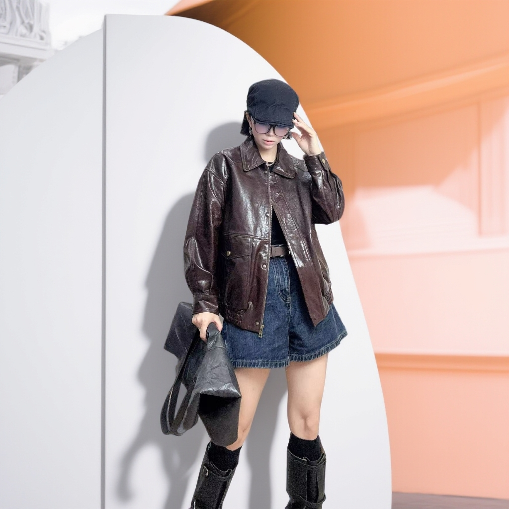 头层绵羊皮法式油蜡宽松型秋季13801外套女款轻奢洋气外套女