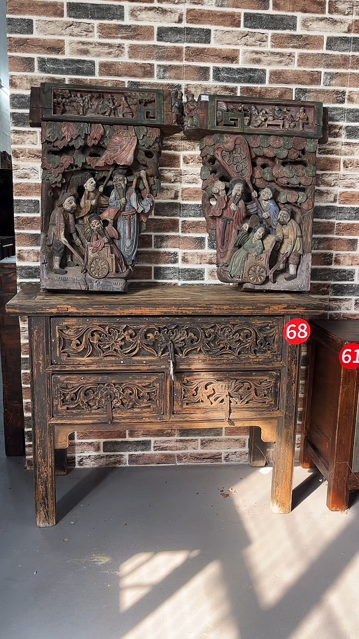 木姜*生樟木材质牛腿装饰带彩一对老物件