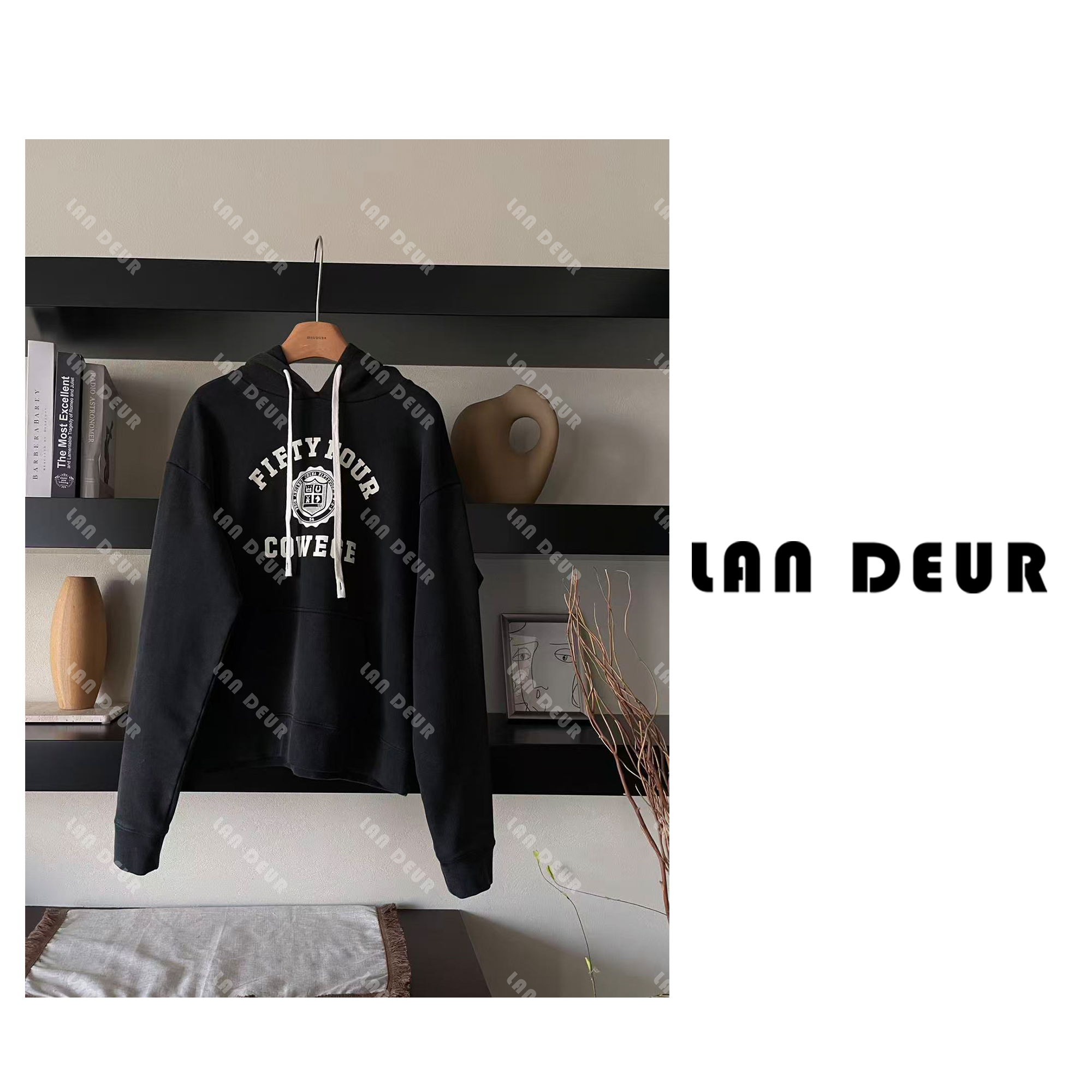 JIUJIU【复古书店】百搭印花水洗重工宽松圆领连帽休闲卫衣