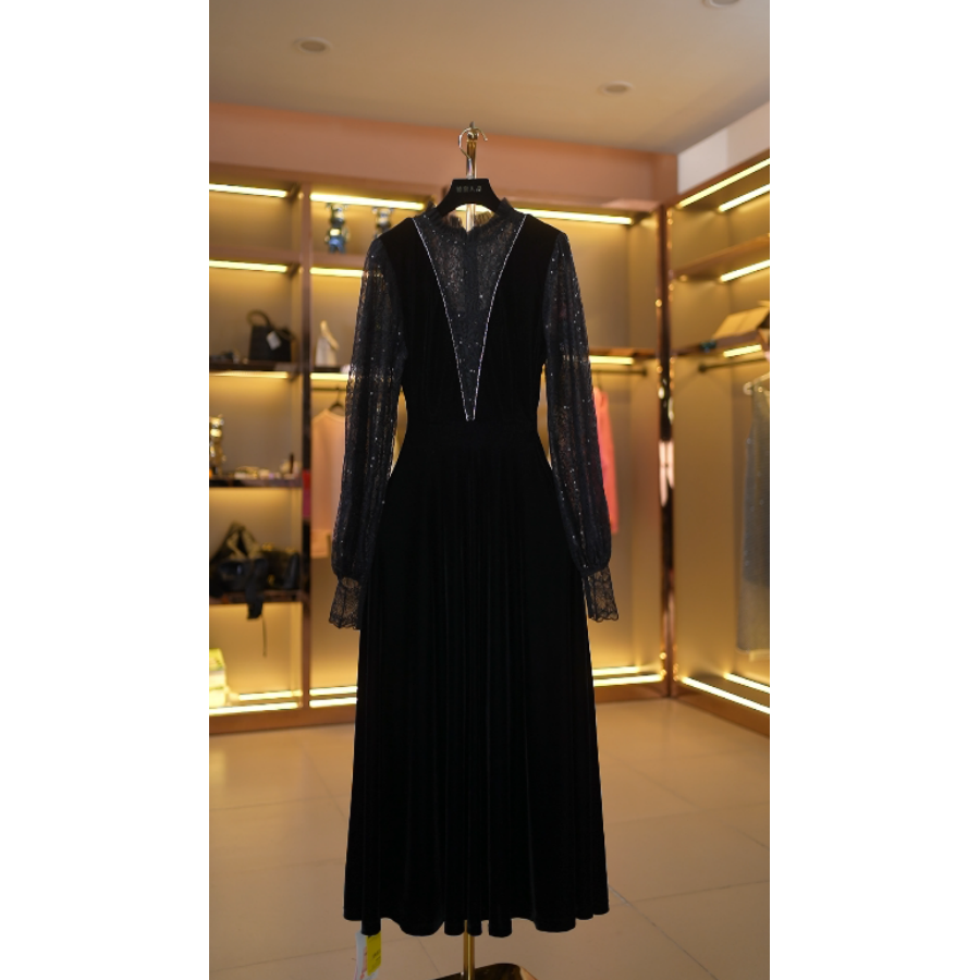 【娟专属】秋季蕾丝亮片袖丝绒V领收腰轻奢时尚气质连衣裙A067