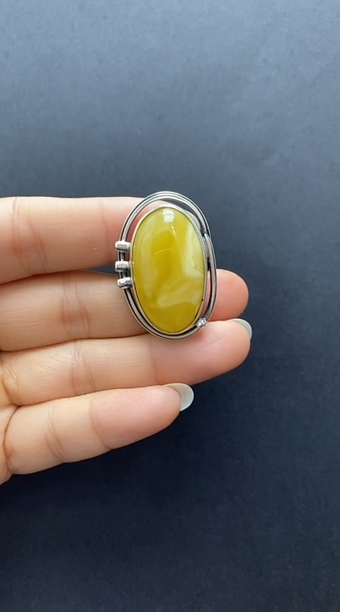 【闪购商品】琥珀裸石银S925镶嵌蜜蜡戒指