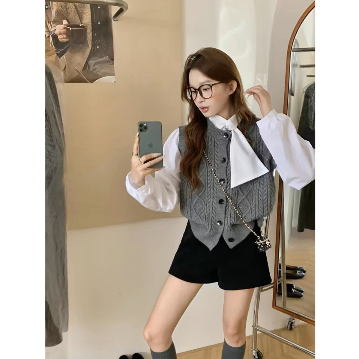 设计感拼接假两件长袖毛衣秋季女单排扣针织衫上衣 92353