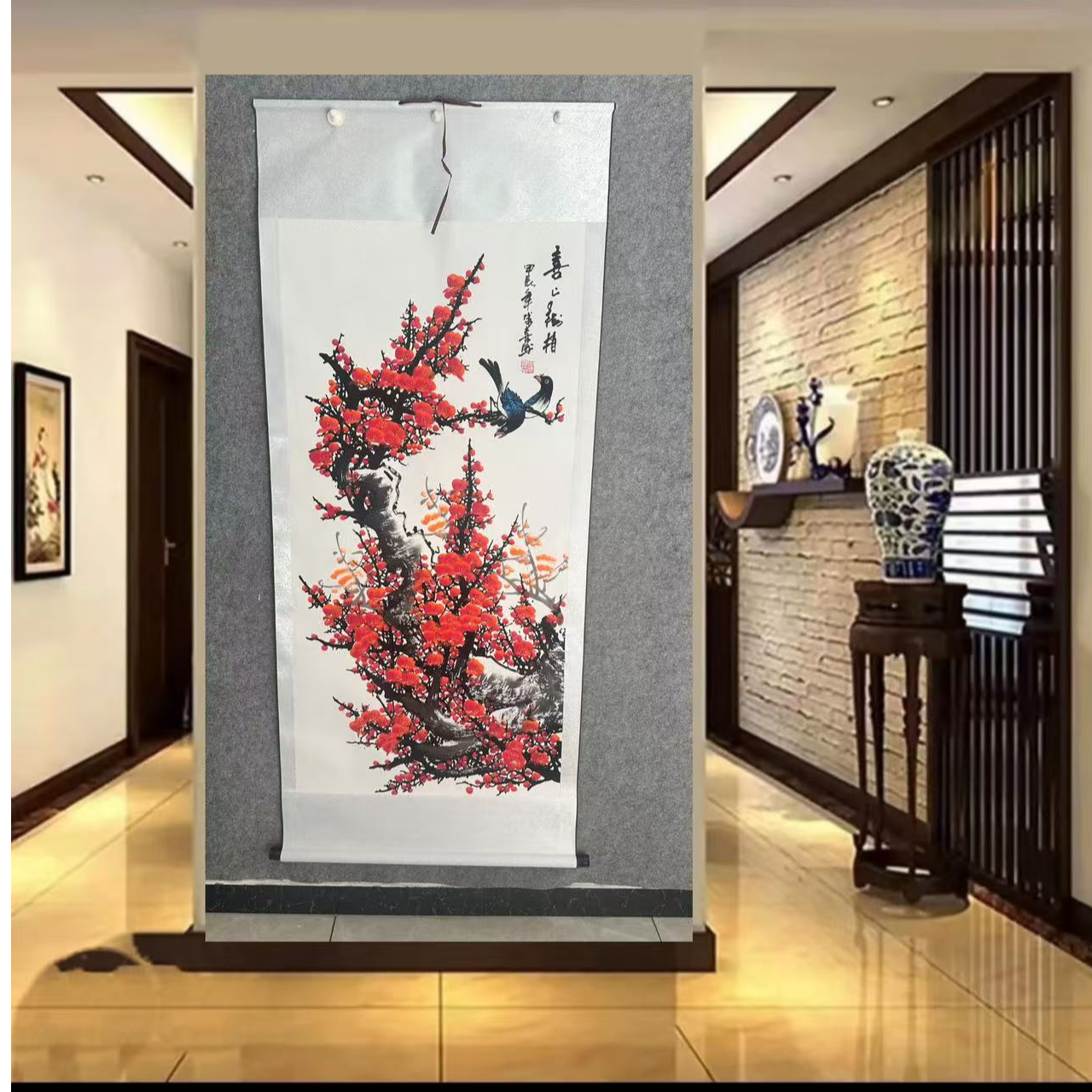 国画纯手画«喜上眉梢»红梅客厅卧室玄关挂画卷轴装裱170*75厘米