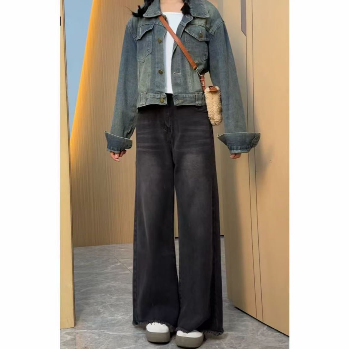 （拍1发2）高腰显瘦宽松百搭黑灰毛边阔腿裤