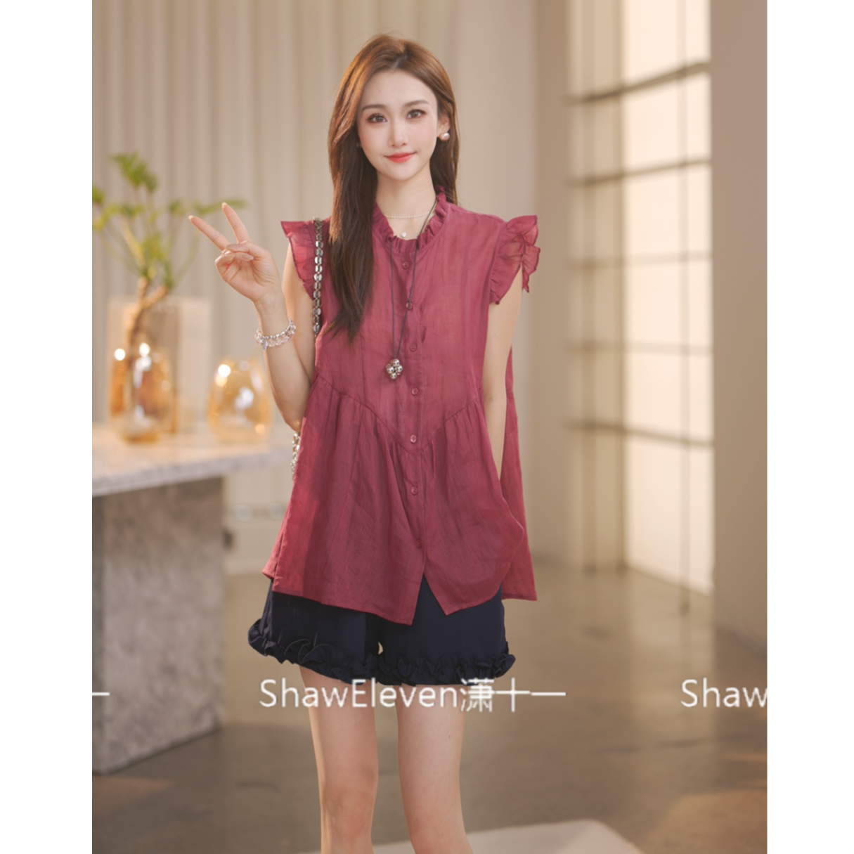 【Shaw Eleven】2025夏法式酒红色木耳边宽松版无袖上衣26103