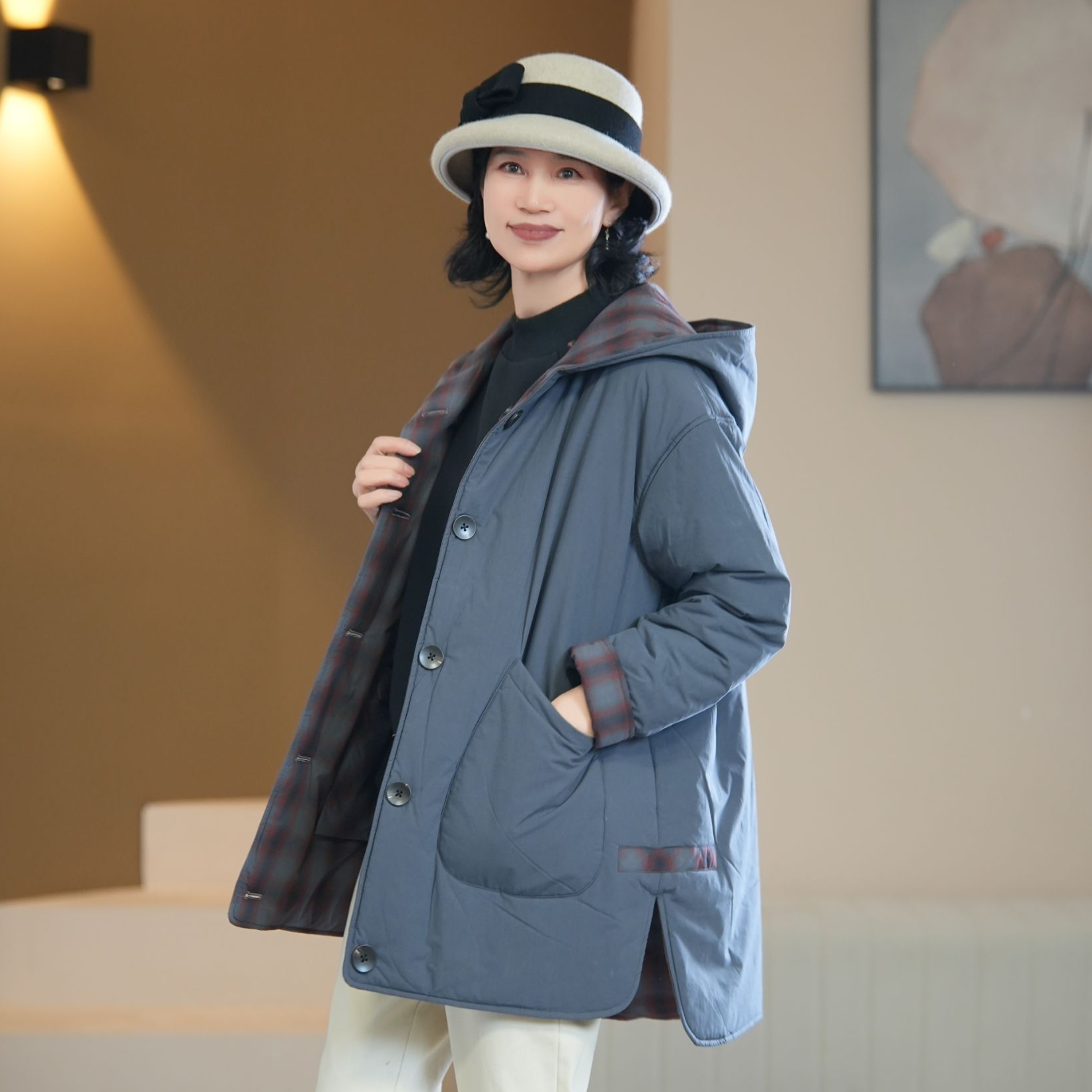 断码清-现货1小时-松林绿两面穿长款棉袄秋冬防风女士保暖棉衣