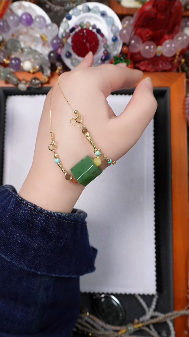 吊坠(赠链)银S925镶嵌和田玉（碧玉）指环项链两用款碧玉路路通