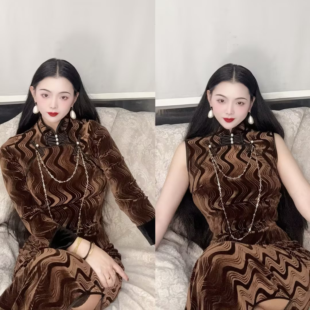 LHMknk1画报夫人原创自制厚款丝绒波浪纹复古旗袍