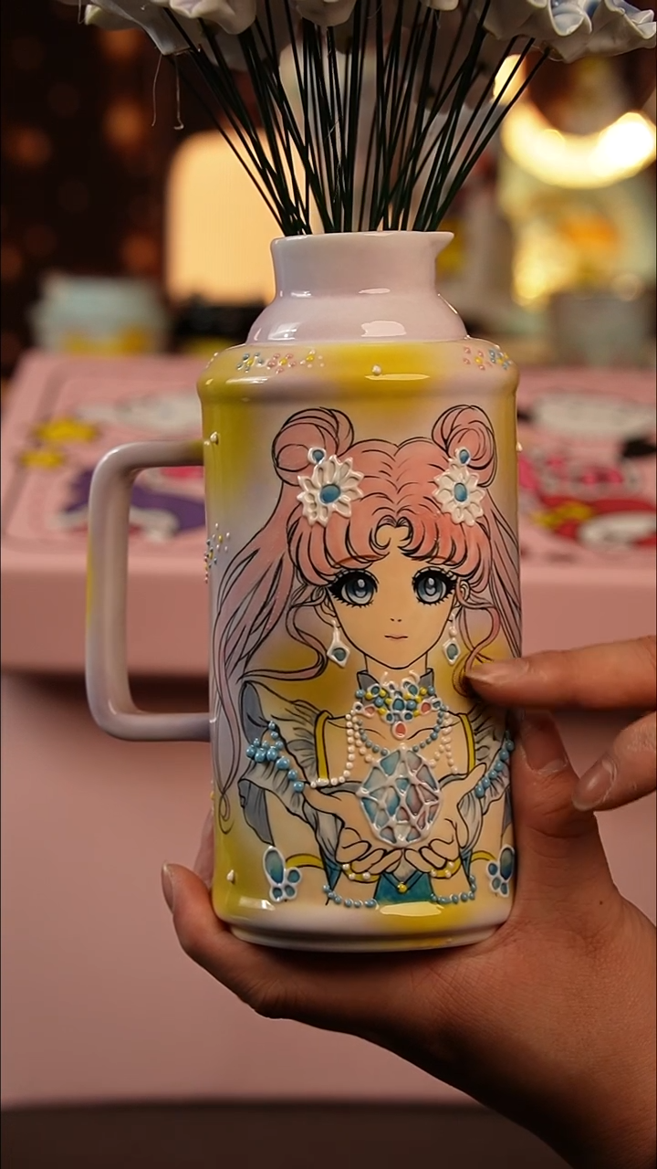 （玉泥）景德镇手工手绘文创陶瓷花瓶+12朵花