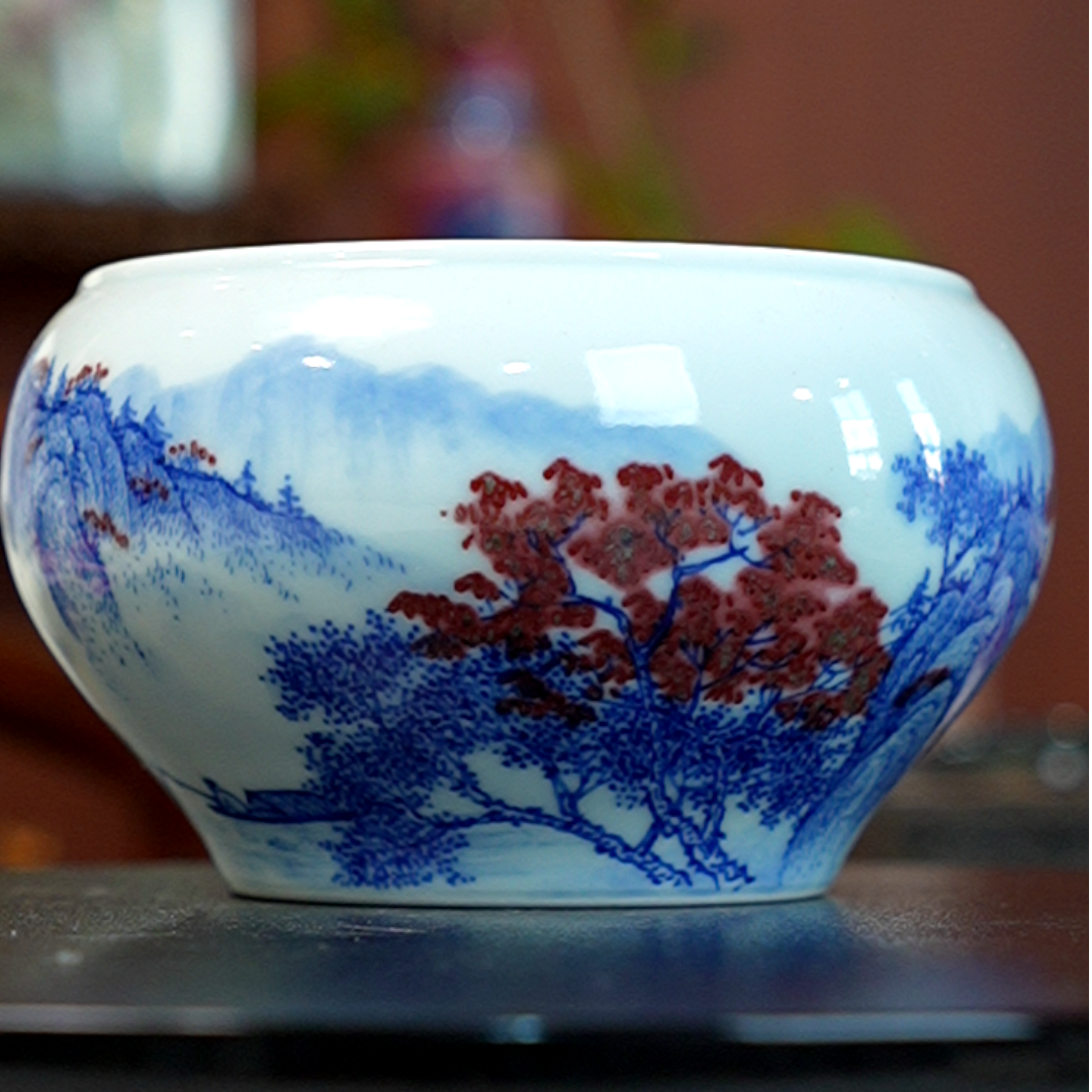 12.26/N800700/00296/东客/青花釉里红山水水洗/口径12/高8.5