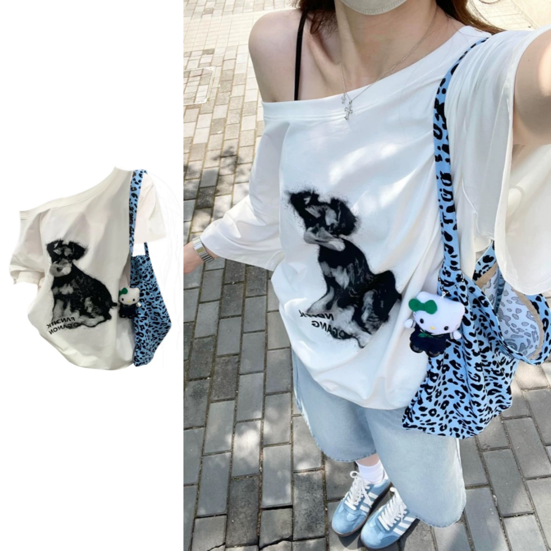 美式复古印花一字肩斜肩短袖T恤女夏季新款宽松显瘦露肩休闲上衣