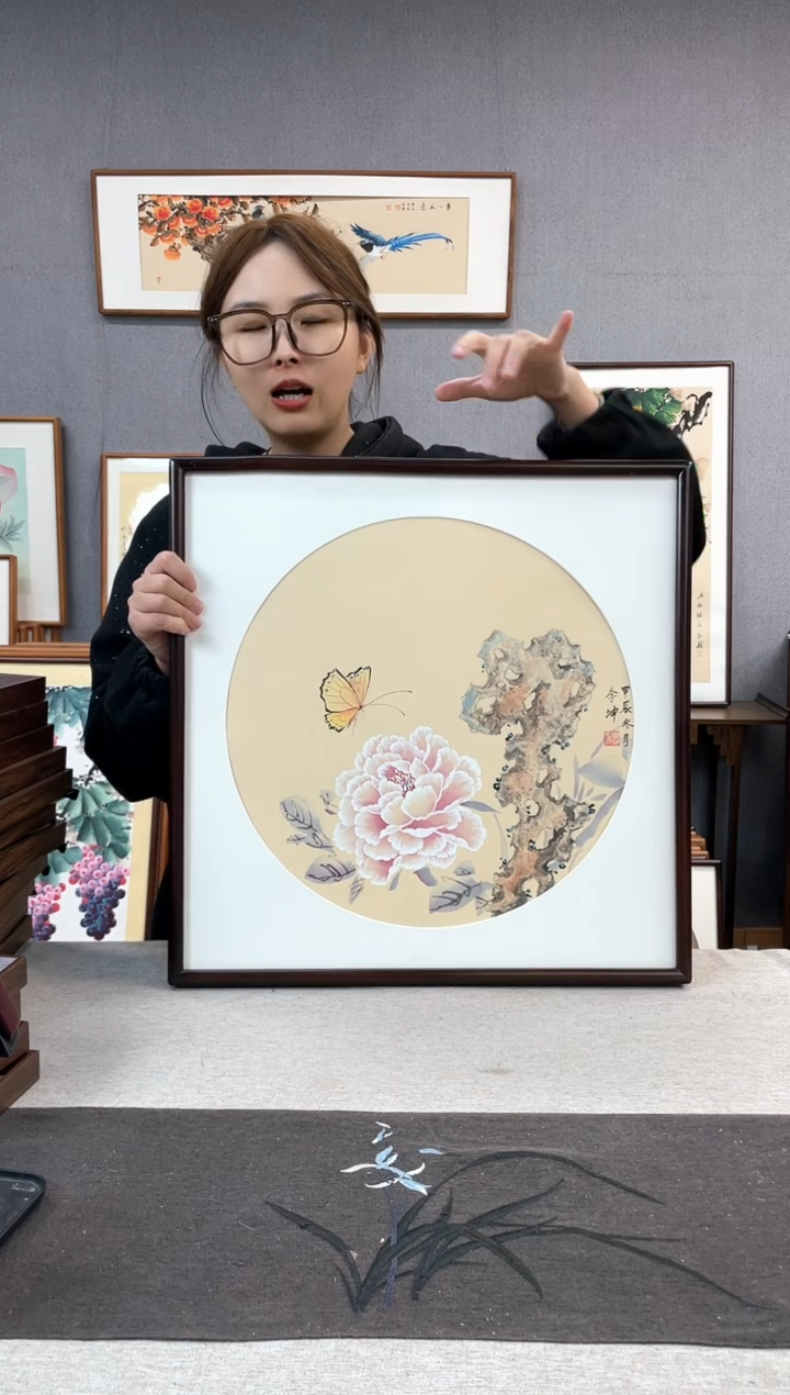 【闪购商品】国画李坤-手绘带框作品-53*53-牡丹