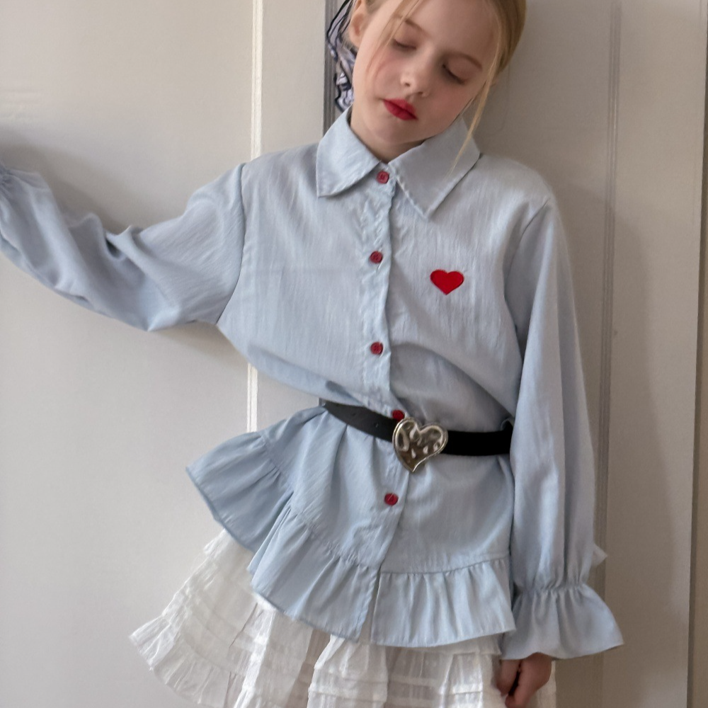 【童伢】刺绣爱心女童2025韩版春款新品宽松花边衬衫裙中大童荷叶边