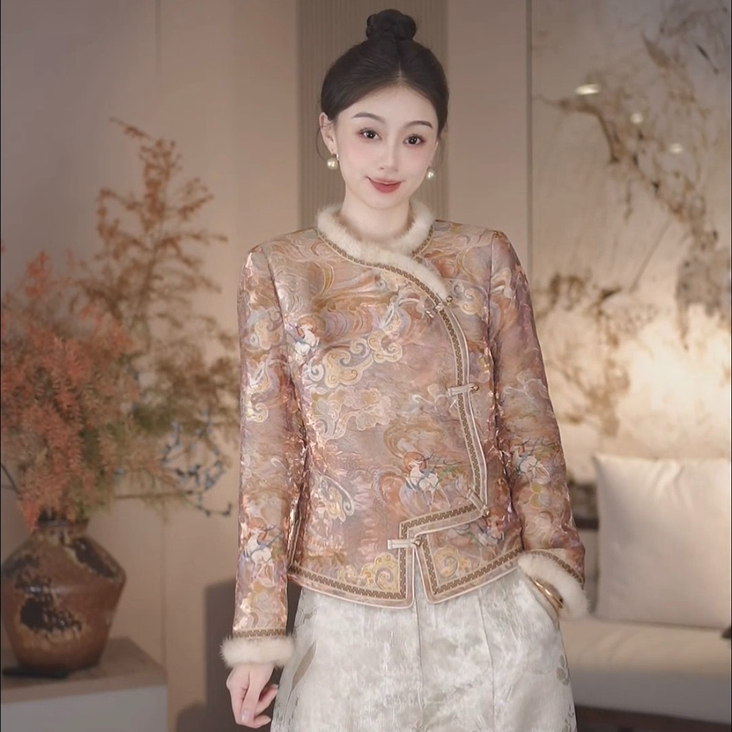 新中式国风棉衣外套女套装气质百搭显瘦加绒加厚阔腿裤长裤两件套