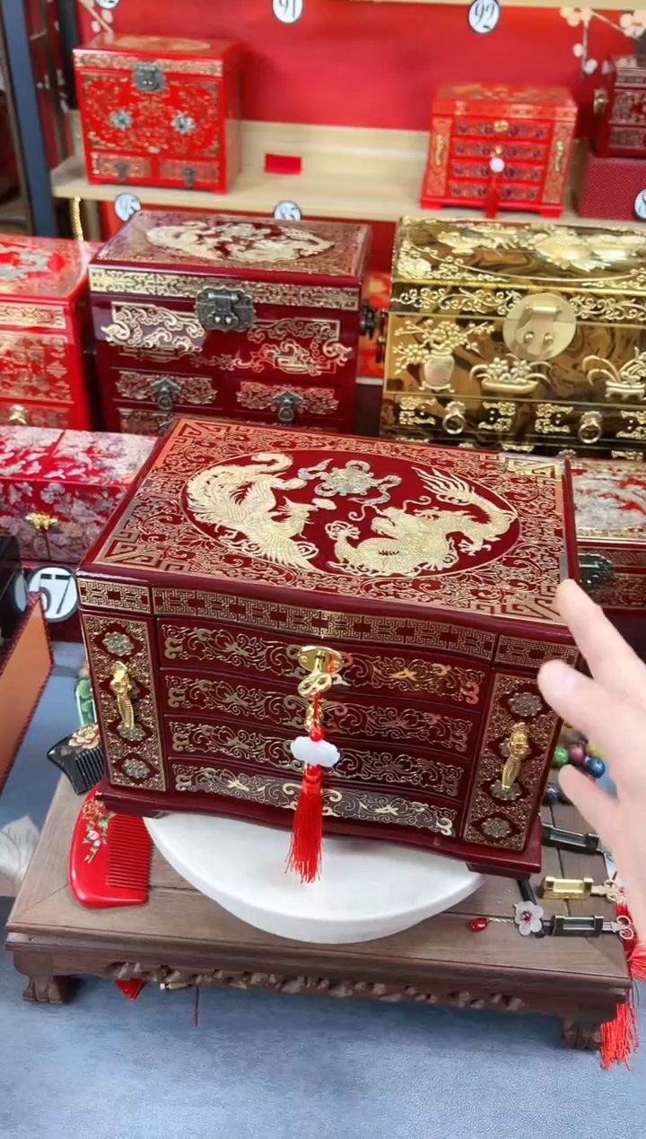 【闪购商品】28厘米新款多层挂钩侧开掐丝螺钿酒红龙凤