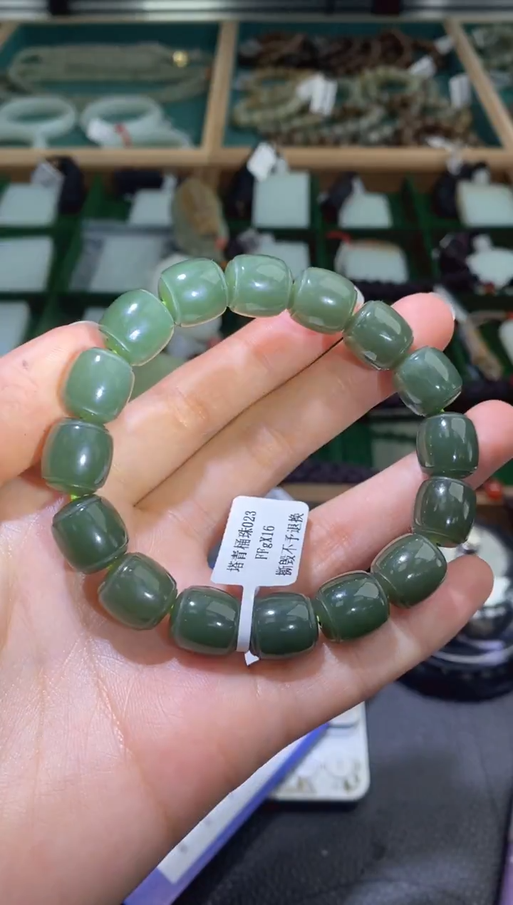 定制和田玉塔青桶珠手串11*12mm
