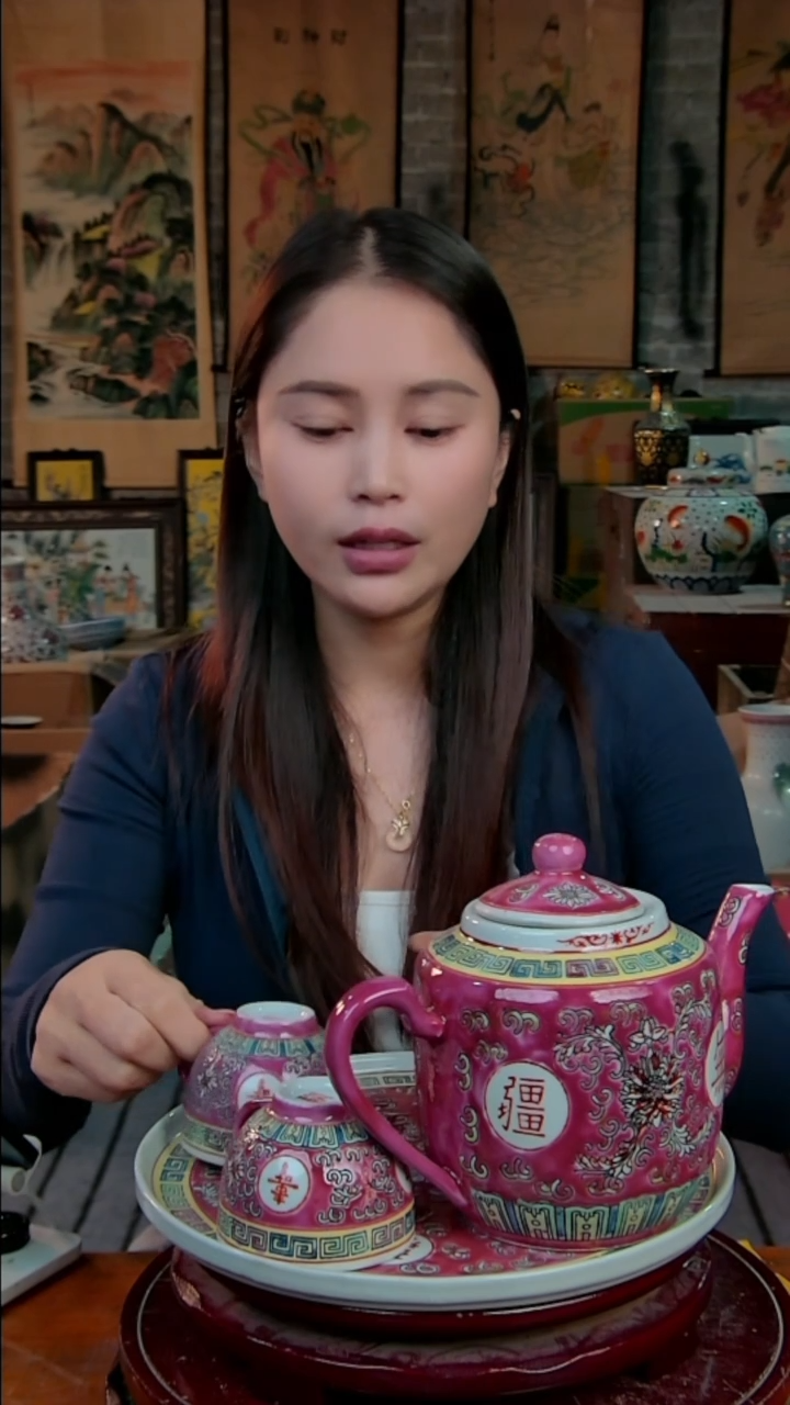 摆件陶景德镇陶瓷摆件红色万寿无疆杯子茶盘壶一套
