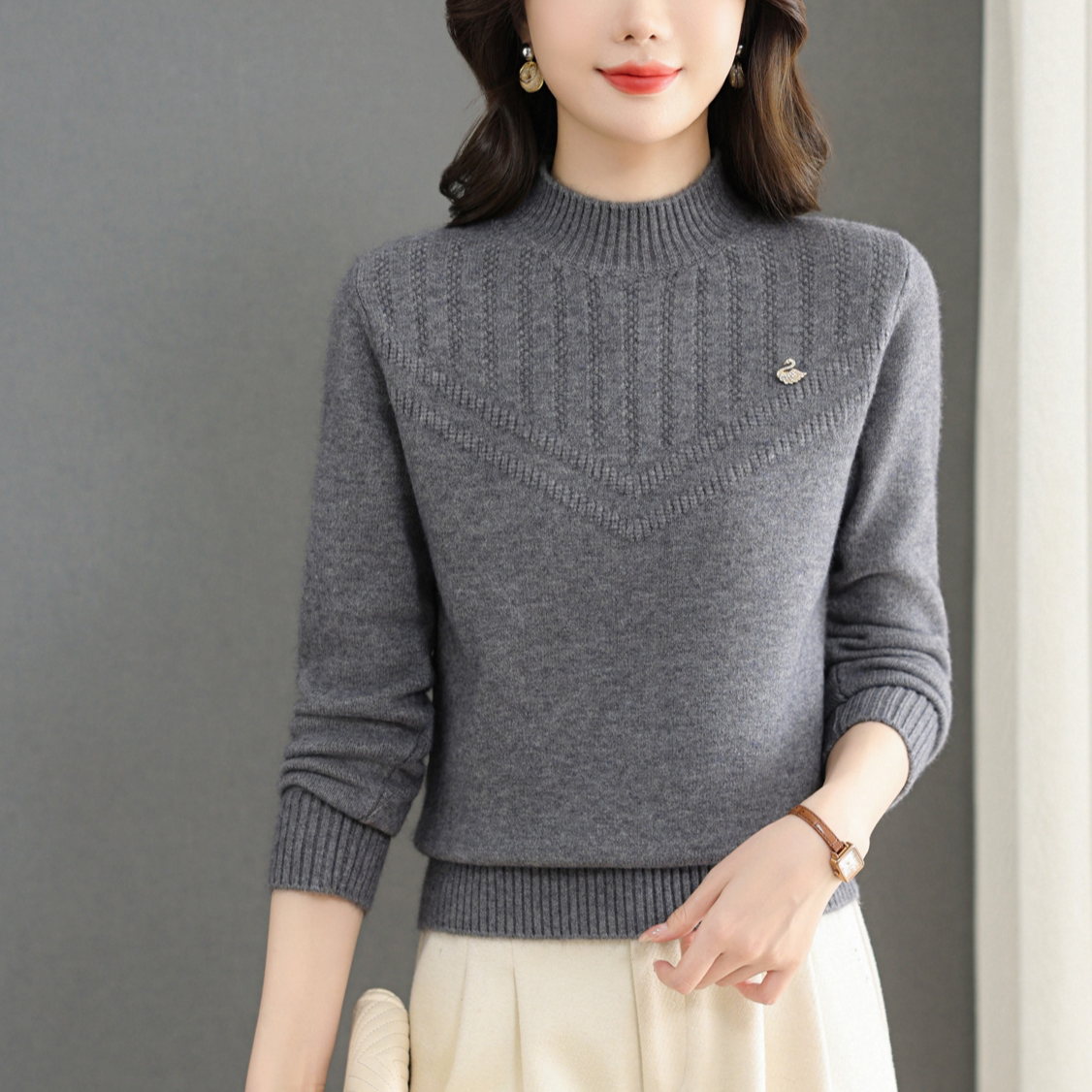 厚款花纱洋气半高领领扣子保暖毛衣百搭加厚冬季秋冬套头羊毛衫