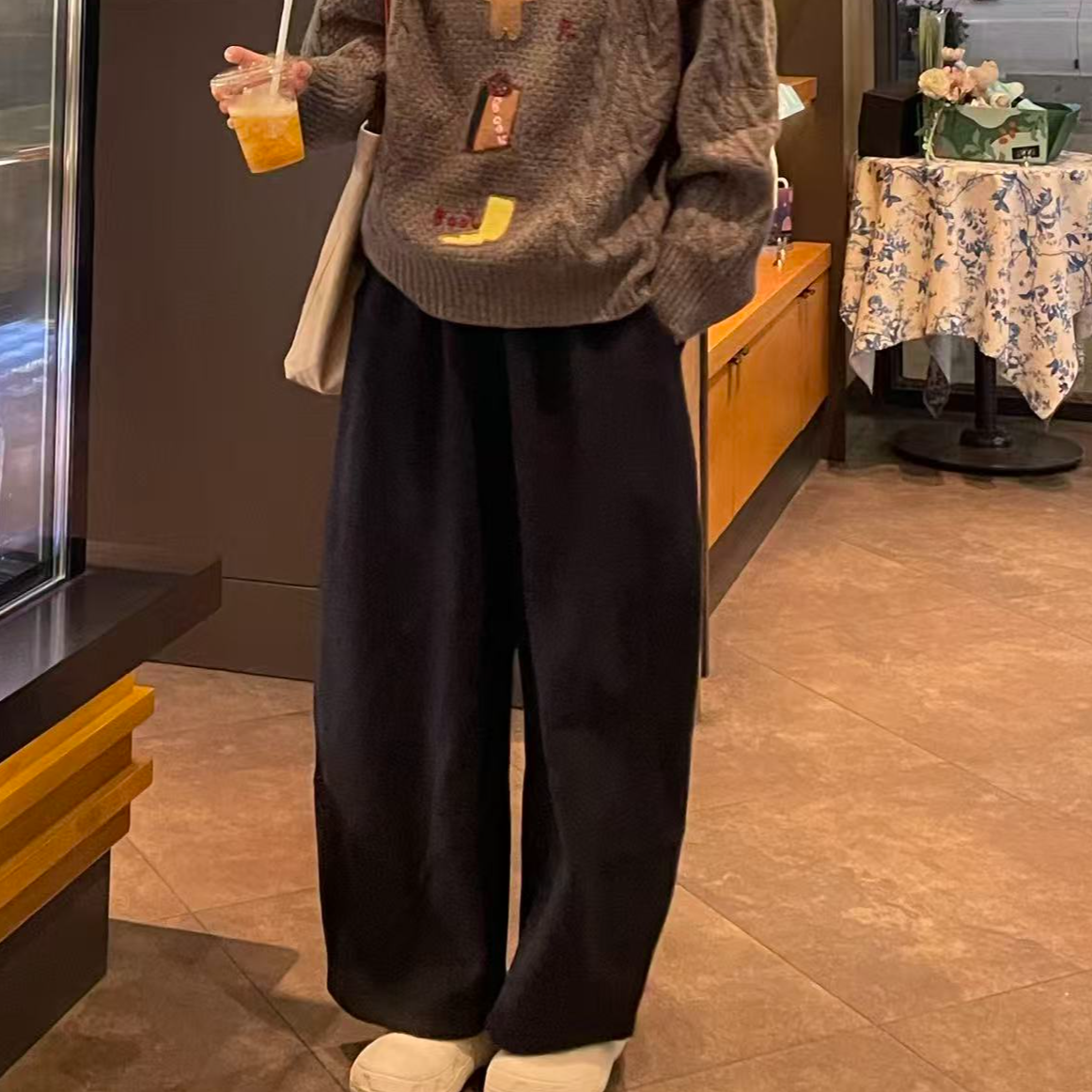 Sevbasks 七七家韩版 藏青百搭秋冬款纯色羊毛简约松紧腰休闲裤