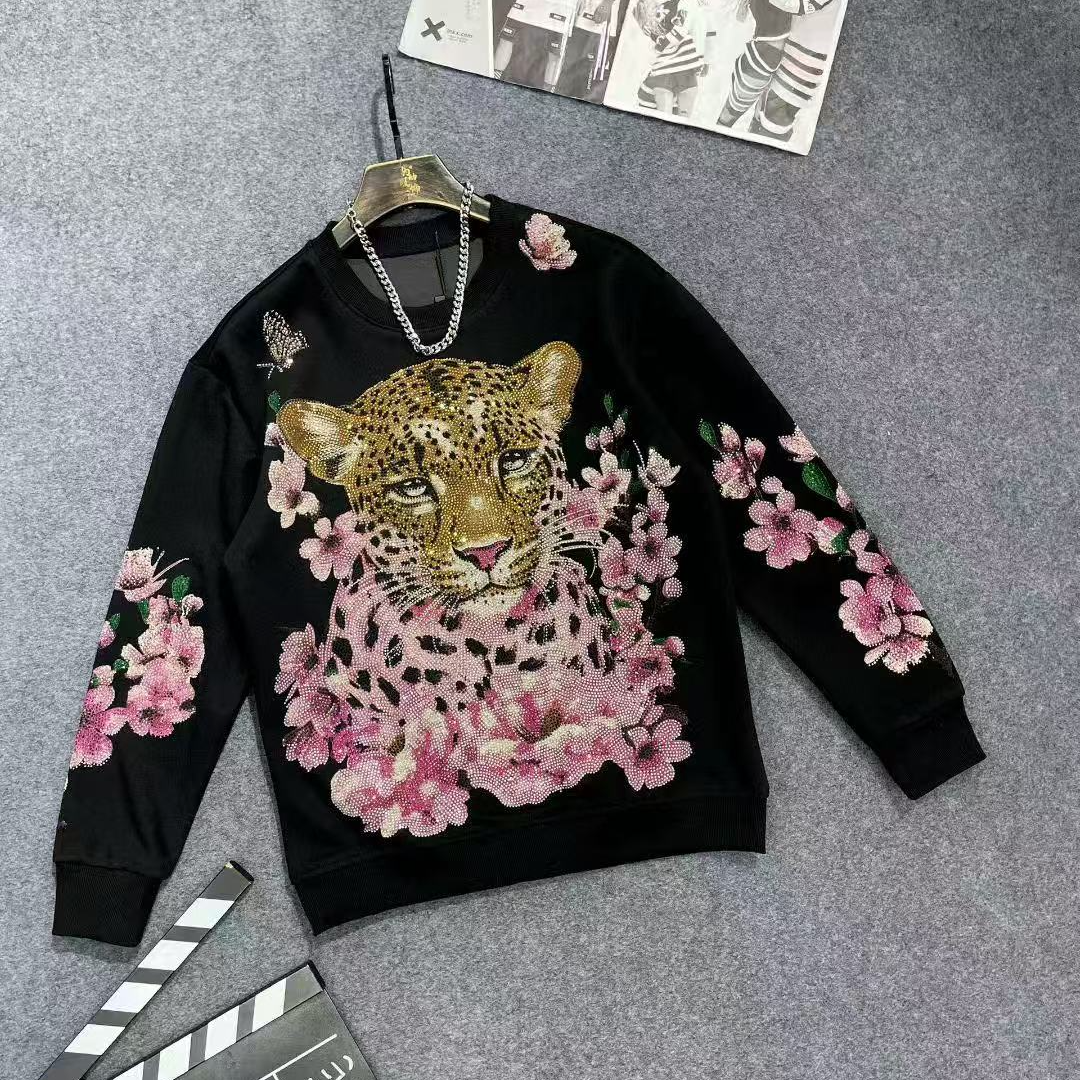 卫衣长袖时尚休闲印花圆领上衣潮流镶钻套头豹子头百搭设计师烫钻