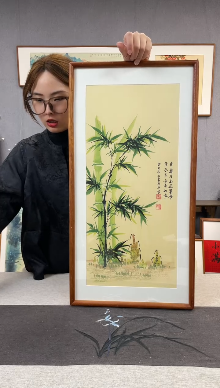 【闪购商品】国画贺照亭-纯手绘带框作品-35*68-绿竹
