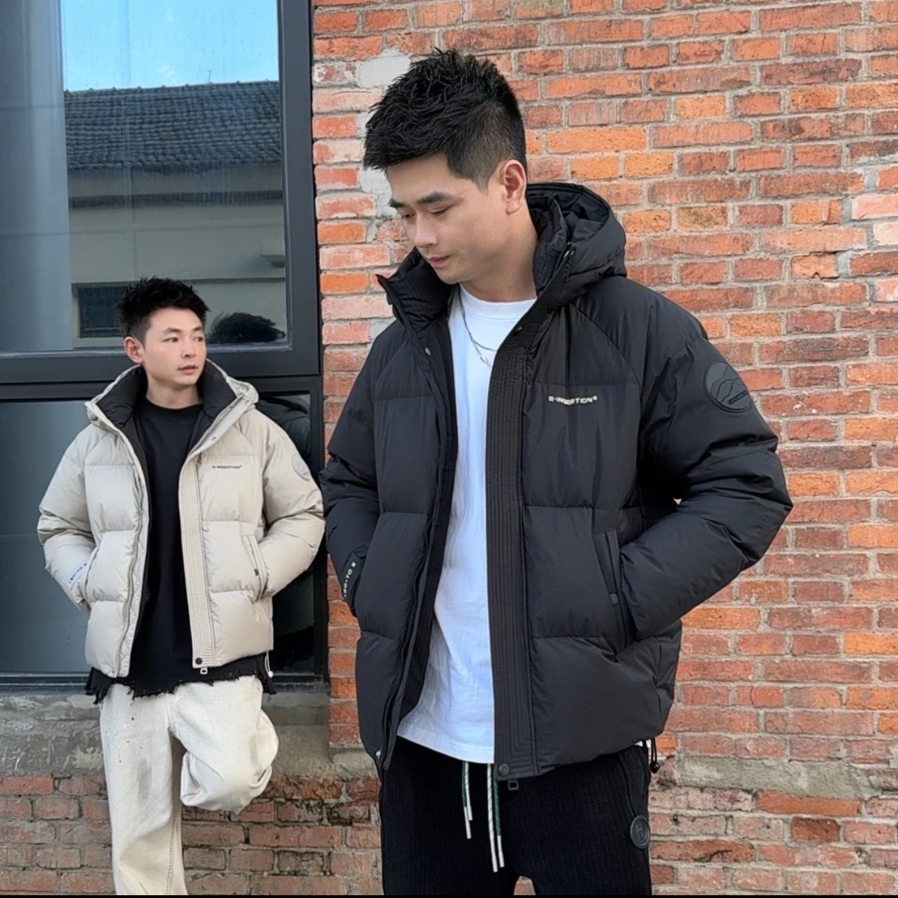 (新国标大朵白鸭绒）极寒加厚连帽免洗羽绒服男款女 肌理纹