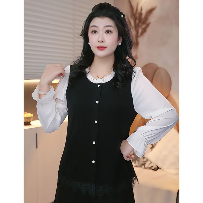蕾蕾2026春季新款大码女装设计感长袖气质斜边拼接针织衬衫80526