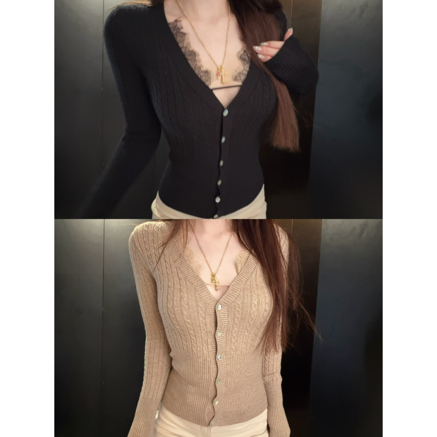 古言女主 秋冬新性感修身蕾丝边针织上衣女排扣麻花纯色V领毛衣