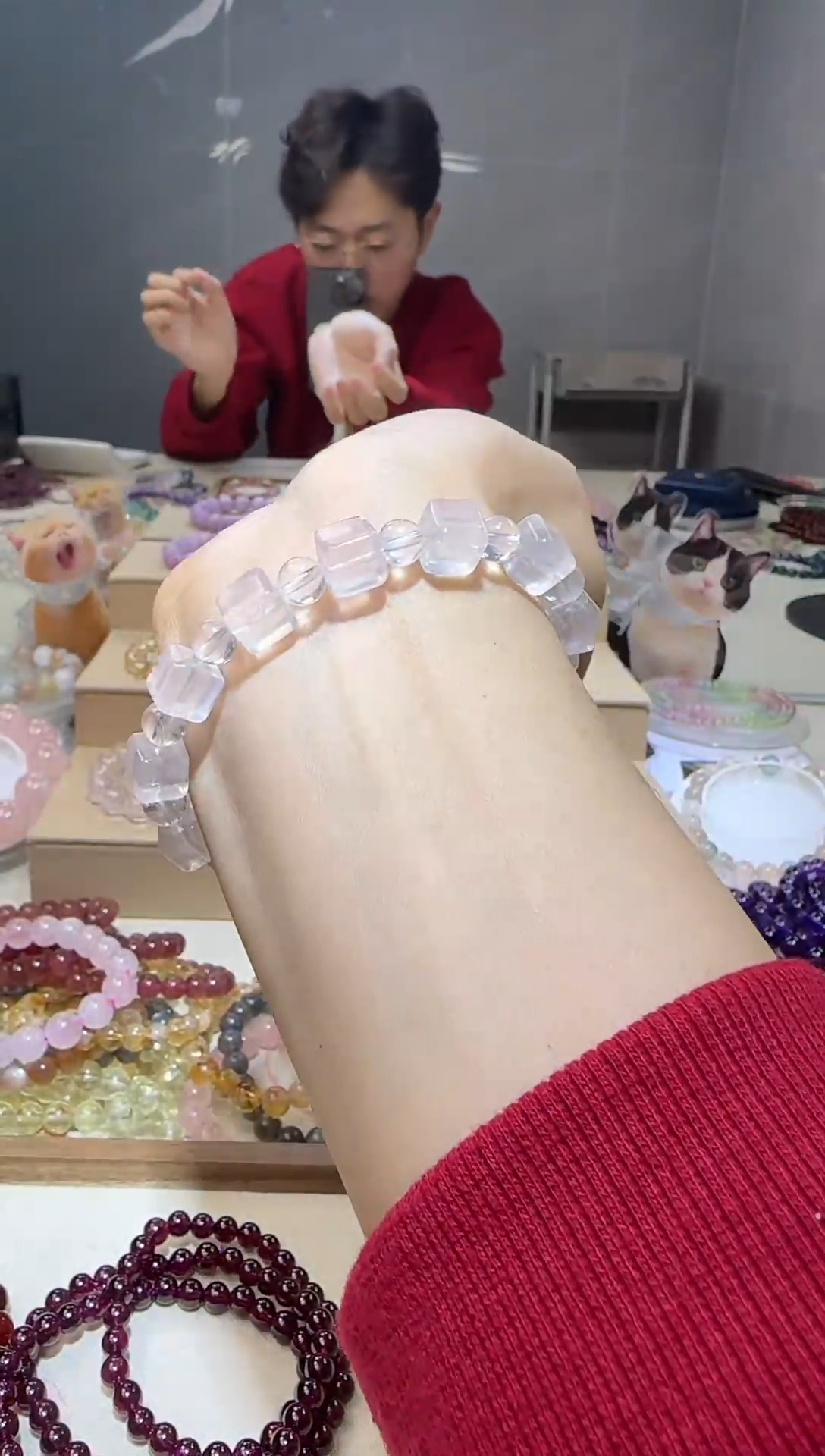 【闪购商品】芙蓉石手链未镶嵌粉水晶方糖