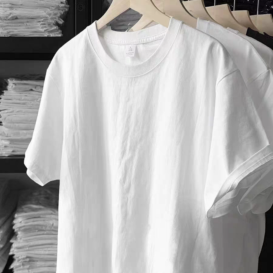 #通用衣服1# 百搭白色圆领短袖半袖男士夏季纯棉圆领T恤打底衫