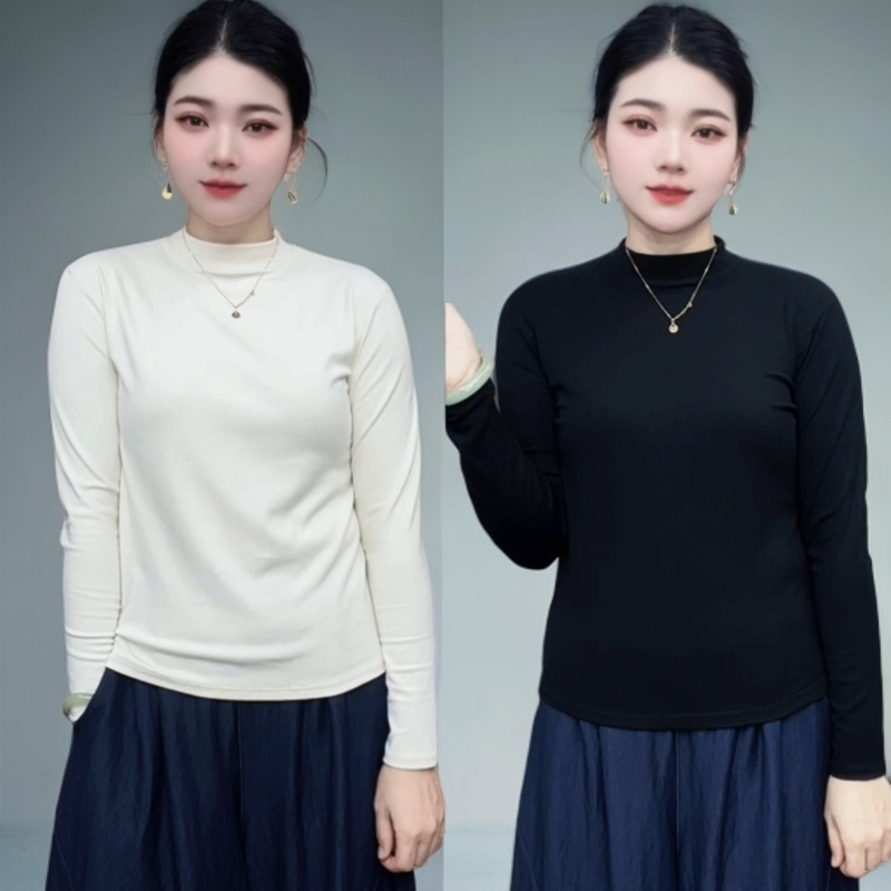 【正版正版】秋季半高领高弹力纯色长袖打底衫显瘦百搭舒适女士上衣