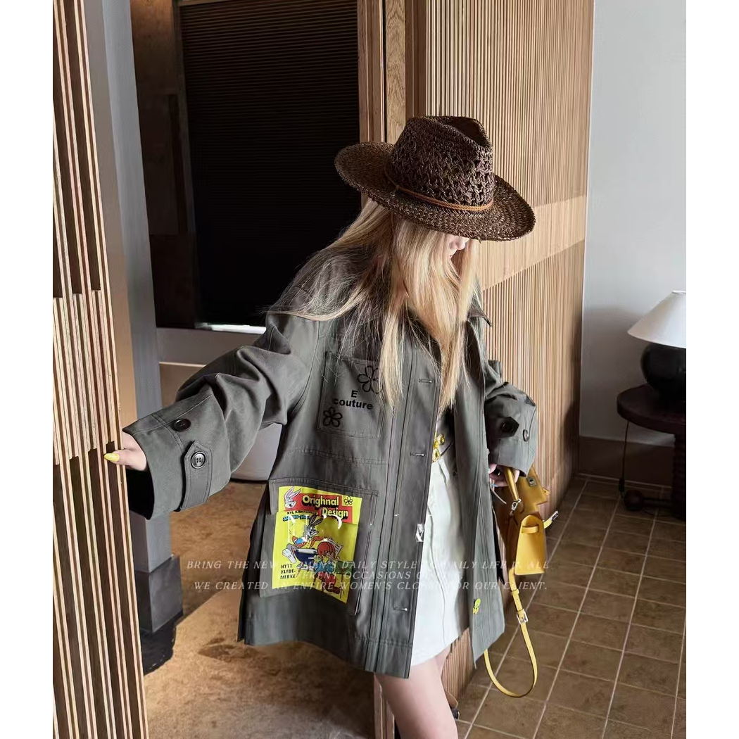 2554早春新款韩系时尚设计师款米奇卡通韩版绣花牛仔春秋工装外套