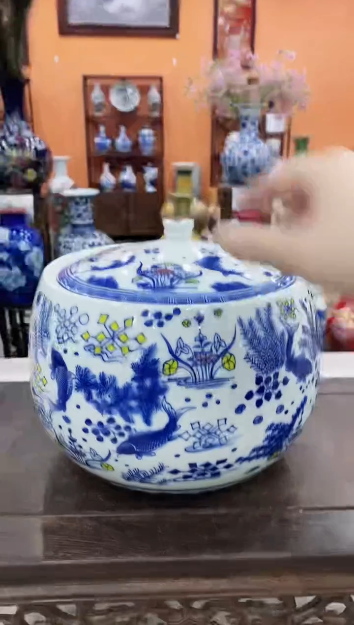 摆件青花鱼藻纹储物罐