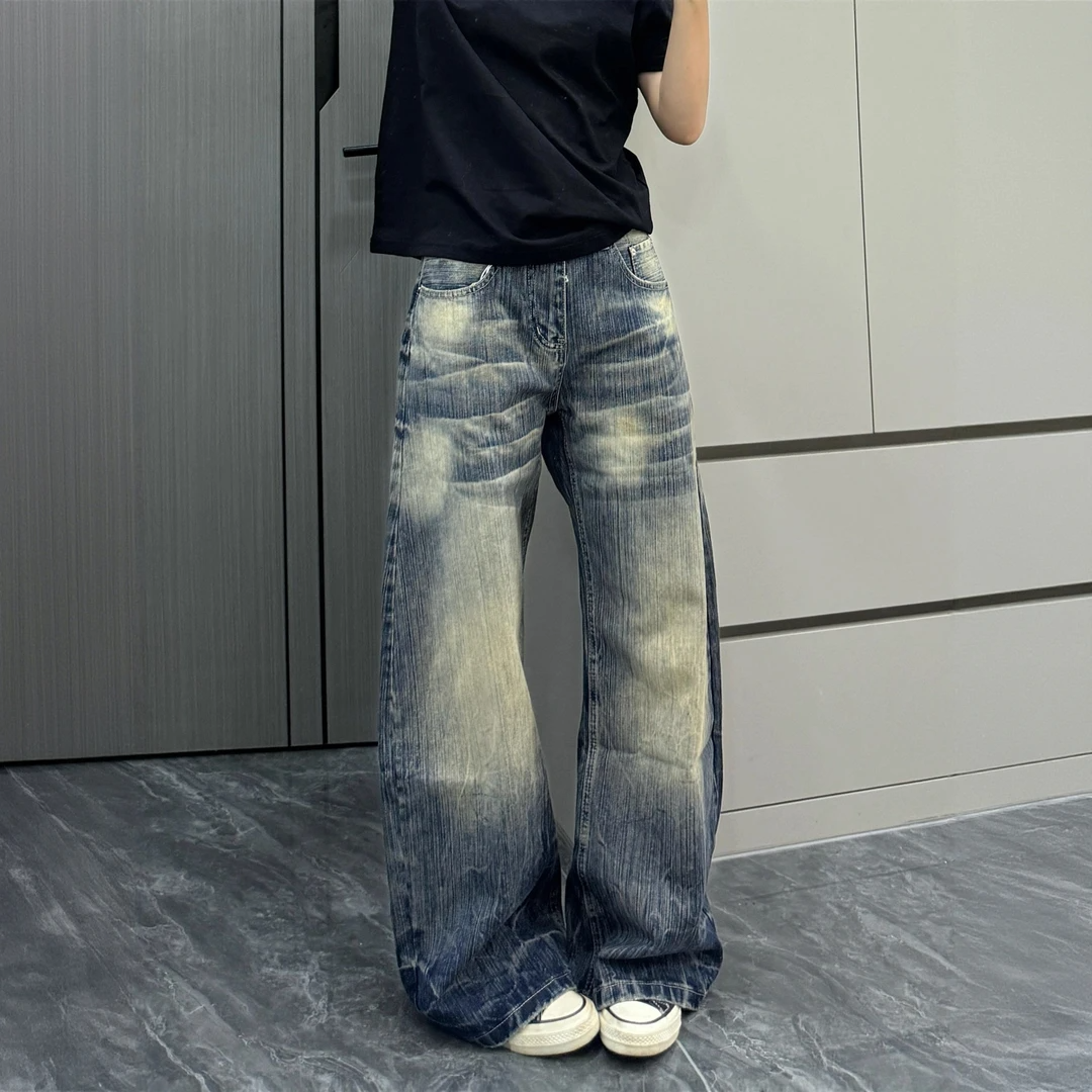 美式复古水洗做旧牛仔裤女2025秋季新款宽松高街百搭宽松弯刀长裤