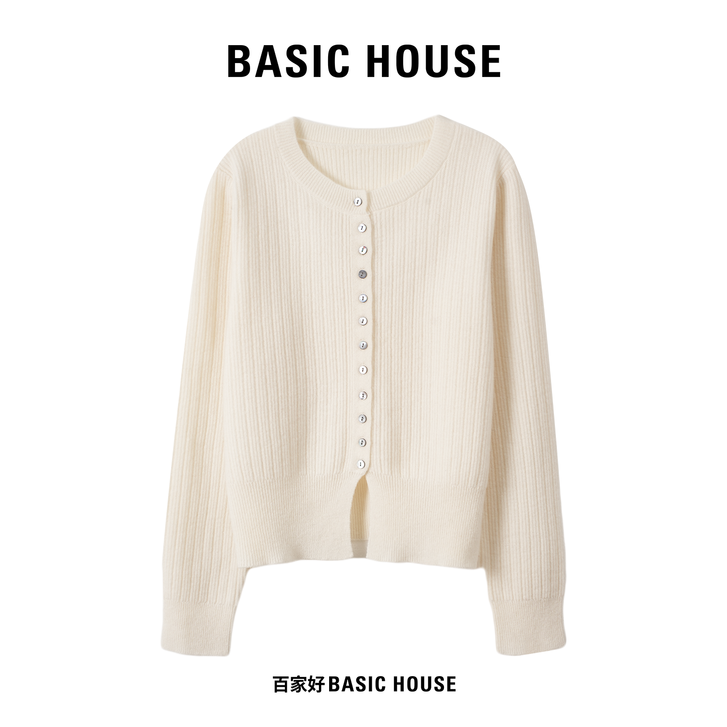 Basic House/百家好2025年秋圆领单排扣重磅套头针织衫P262 MM