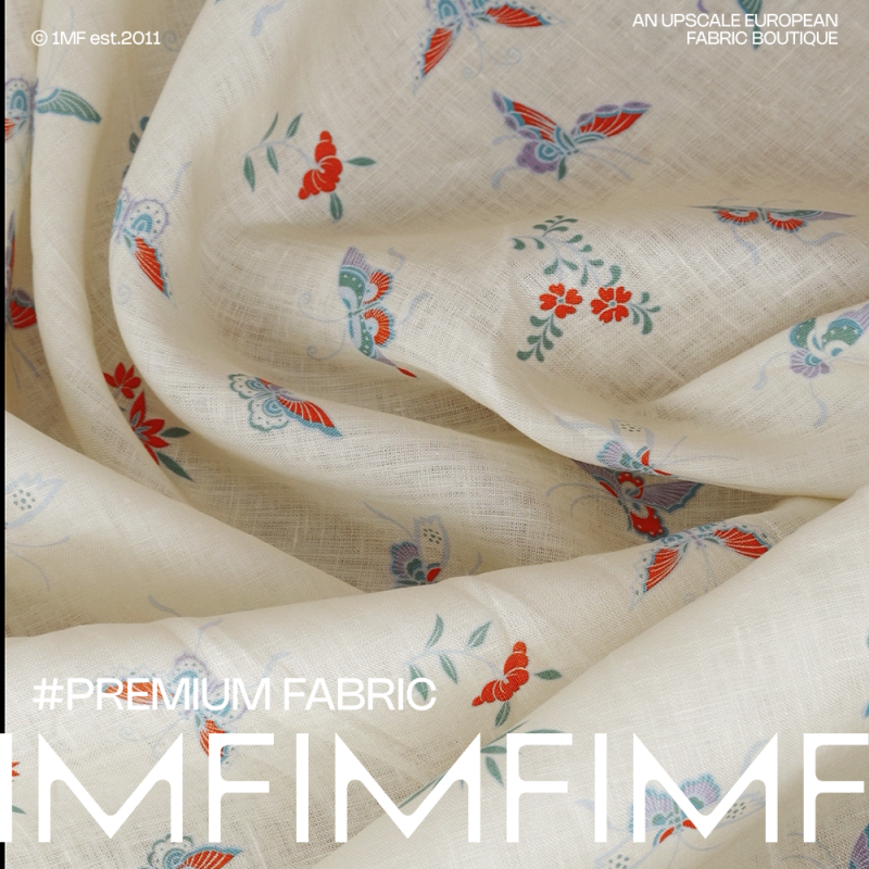 蝶语 法国亚麻面料蝴蝶印花衬衫连衣裙服装布料 幅宽140CM