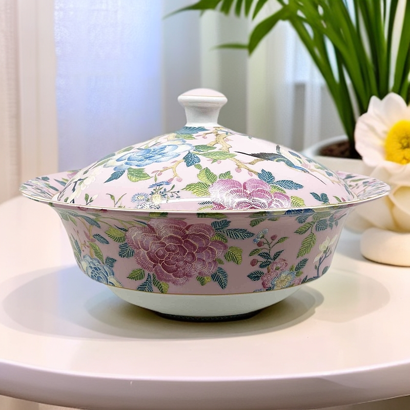 【奇居巍】百鸟和鸣刺绣骨瓷吉源汤锅带盖汤碗 粉红