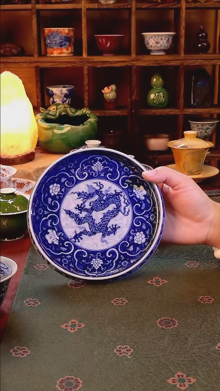 【手工手绘青花龙纹大壶承】