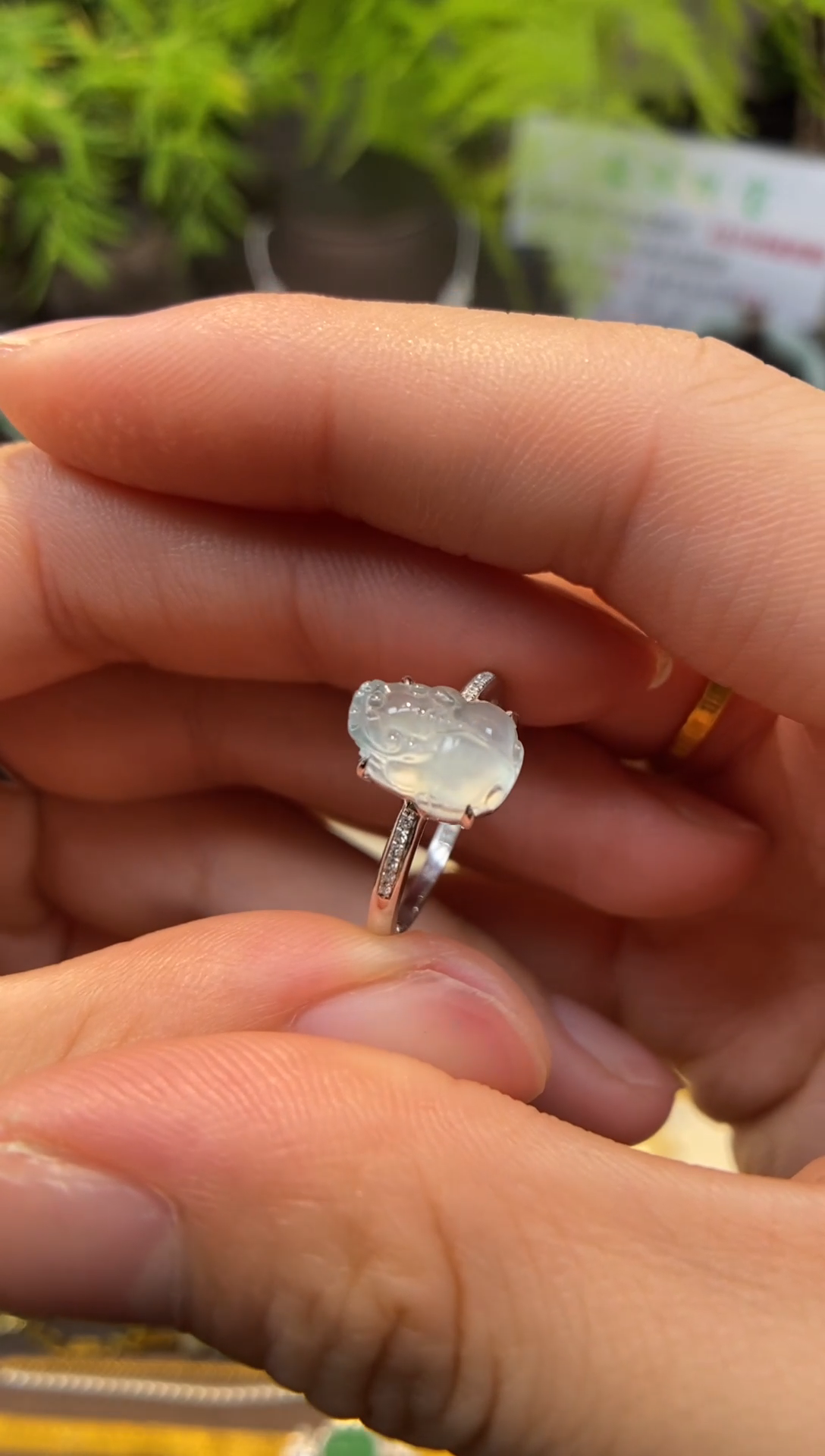 【闪购商品】翡翠戒指18K金镶嵌天然A货缅甸翡翠白貔貅戒指