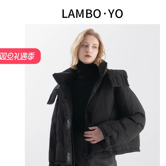 LAMBOYO2024冬季新款连帽保暖外套宽松短款防风加绒加厚女