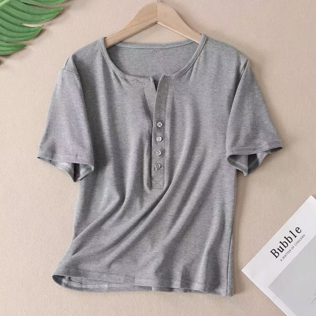 8800-（灰色Y001）半开领扣子短袖T