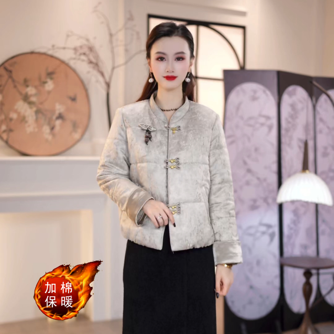 2025冬款新中式银杏色提花国风加厚保暖外套M-4XL