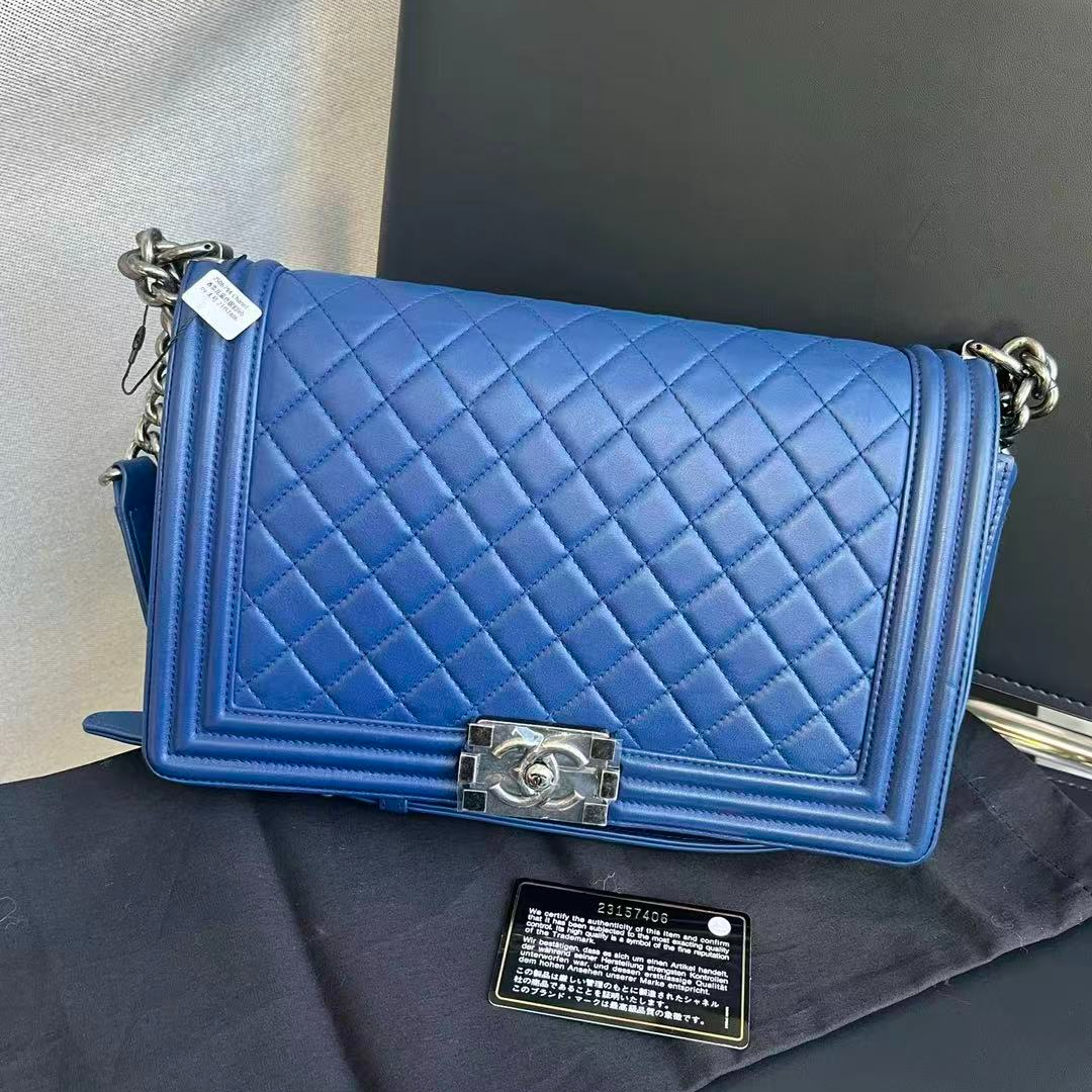 95新 Chanel/香奈儿  蓝色银扣leboy中大号单肩包 23开