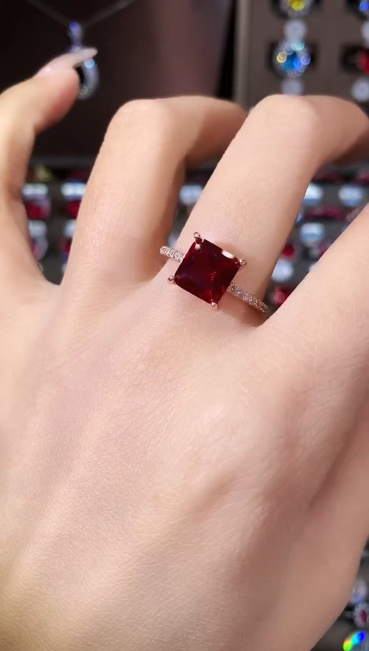 银S925镶嵌戒指红宝石8酒红玫瑰金