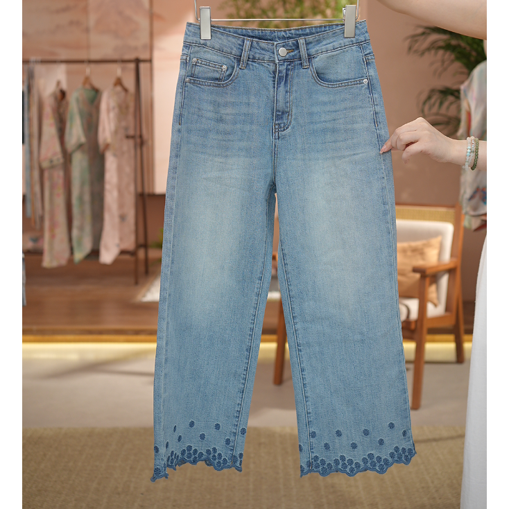 《 小雏菊-牛仔裤》新中式刺绣防晒透气显瘦高腰牛仔裤