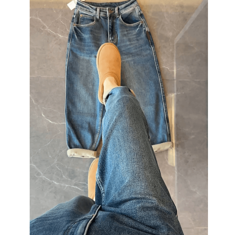 蓝色高腰哈伦牛仔裤子女秋冬加绒大码显瘦老爹裤小个子九分萝卜裤