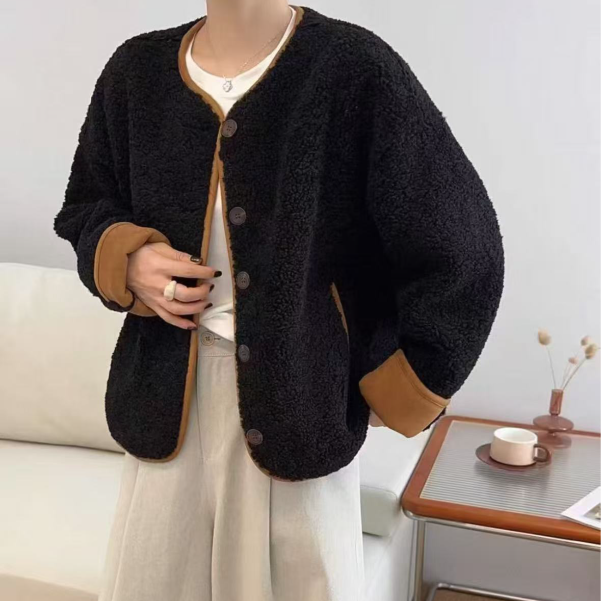 毛绒Y1321黑慵懒风排扣外套2213